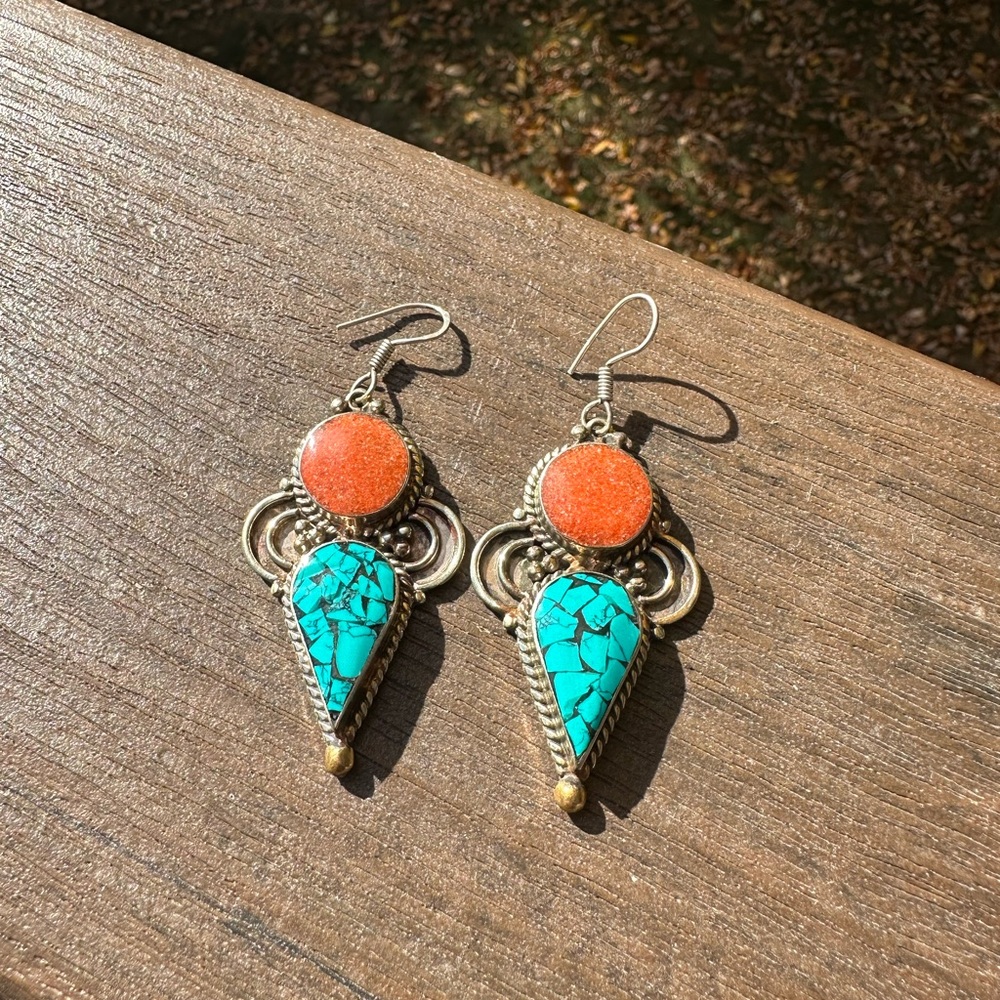 Turkish/Tibetan Inspired Coral and Turquoise Earrings